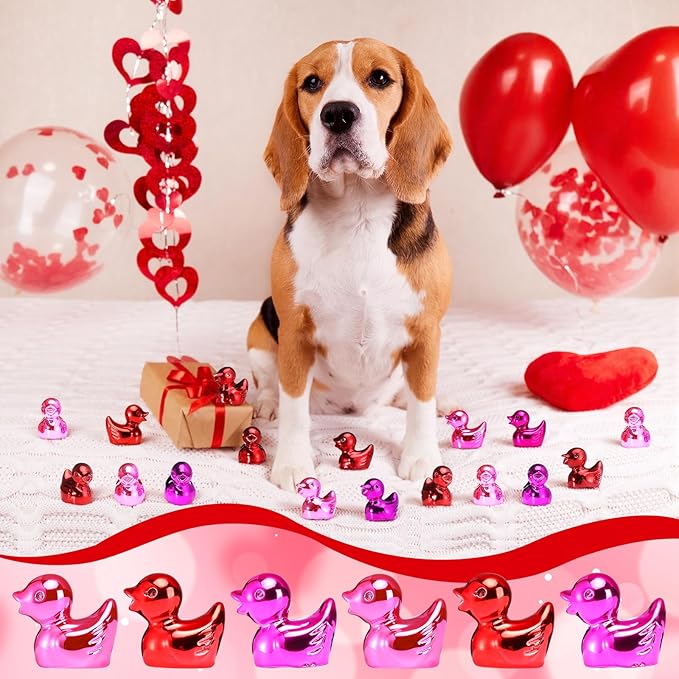 100 Pcs Shiny Valentines Day Mini Duck Figures Colorful Valentines Day Duck Decor Micro Landscape Aquarium Garden Hide and Seek Decoration Charm for Party Gift(Red, Fuchsia and Pink)