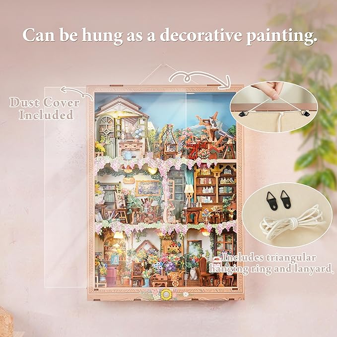 Tonecheer DIY Miniature House Kit, Book Nook Dollhouse Story Frame Kit Wooden 3D Puzzle, Wall Mountable Decor Diorama Model with Dust Cover and LED for Ideal Gift - Blossom Time