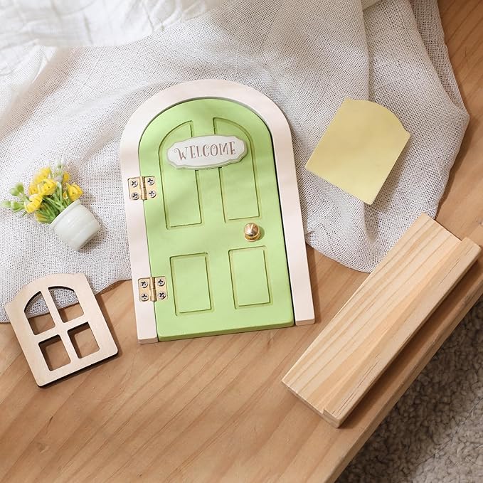 Mamimami Home Green Balcony Little Magical Fairy Door with Base, 13cm 5.12 inch Elf Miniature Tiny Door with Flowerpot and Window, Tooth Fairy Door Handmade Christmas Decorations