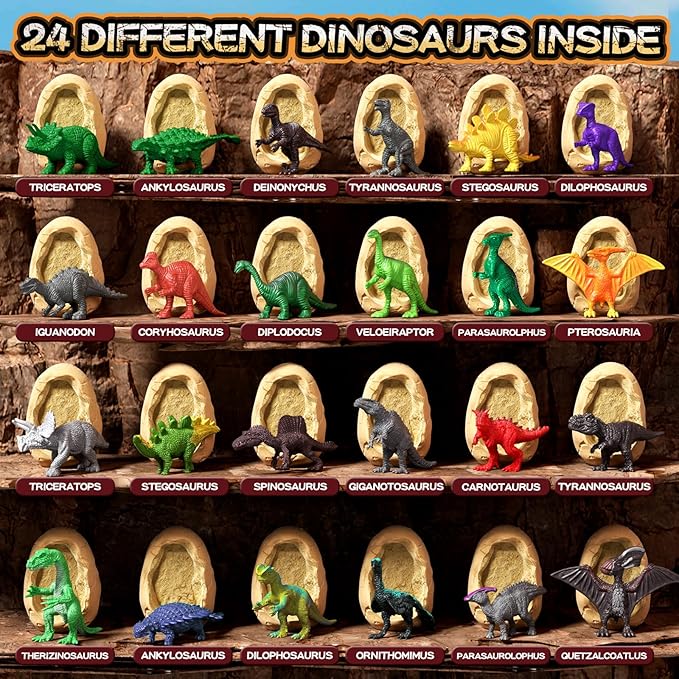 24 Dinosaur Eggs Dig Kit Toys for Kids, Surprise Dinosaur Eggs Excavation Kit with Magnifier, Science STEM Birthday Party Favors Easter Gifts for Boys Girls Age 3 4 5 6 7 8 9 10 + Years Old
