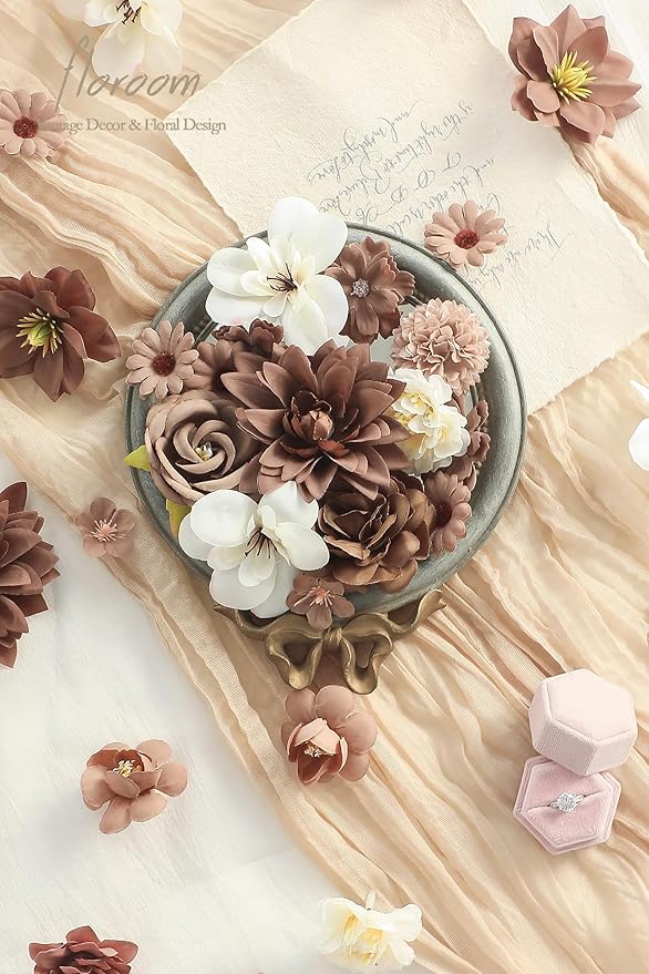 Floroom Mini Artificial Flower Heads Brown & Taupe Fake Peony Daisy Rose Multicolor Small Faux Silk Flower Heads for Cake Craft Garland Wedding Party Graduation Cap DIY Home Decoration, 0.8"-3.6"