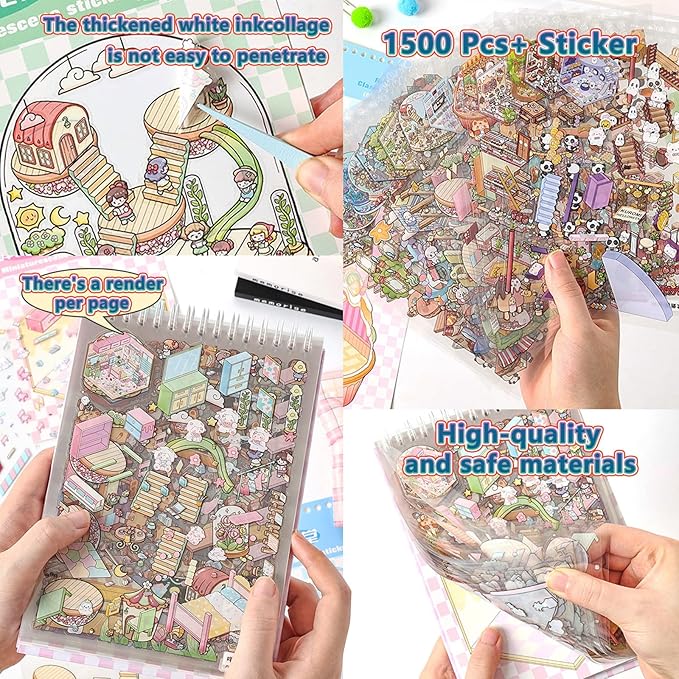 DIY 3D Sticker Scene - 20 Sets(1500 PCS Fun DIY Reusable Sticker Book, Create Your Own Scenes, Cute Stickers & Waterproof, Ideal Relieve Stress Anywhere, Crafts Party Favors