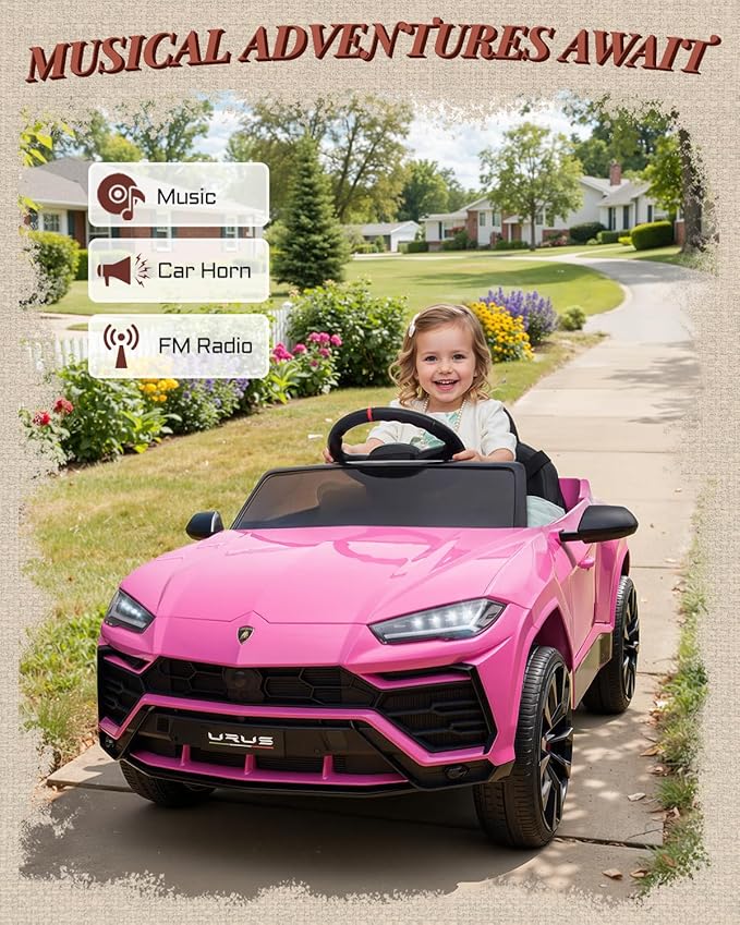 First Ride On Electric Car for Kids 12V Licensed Lamborghini Ride On Car with Remote Control, LED Lights, Music Players, Lockable Doors, Spring Suspension, Toddler Cars to Drive (Pink)
