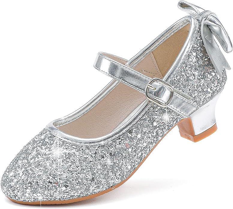 Dufannie Girls Dress Shoes Low Heel Princess Flats Mary Jane Flower Wedding Party Glitter Shoes for Kids Toddler