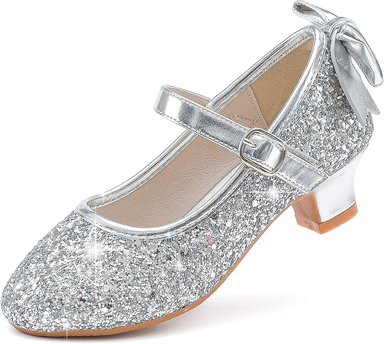 Dufannie Girls Dress Shoes Low Heel Princess Flats Mary Jane Flower Wedding Party Glitter Shoes for Kids Toddler