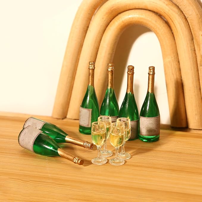 Lot of 10 Miniature Champagne Wine Glass and Bottle for 1:12 Dollhouse Decor, Cake Topper Ornament, Mini Alcohol Liquor Beer Small Can Cocktail Simulation Accessories for Adult (4 Glass, 6 Bottle)