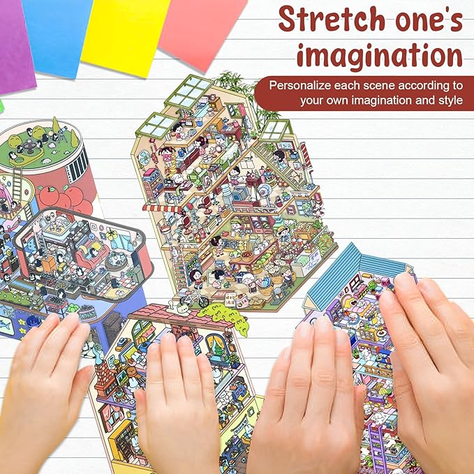 DIY 3D Sticker Scene, 4 Sets Fun DIY 3D House Stickers, Make Your Own Mini Room Scenes, Cute Cartoon 3D Miniature Scene Stickers Book, 3D Sticker Therapy for Adults Kids Relief Stress Pass The Time
