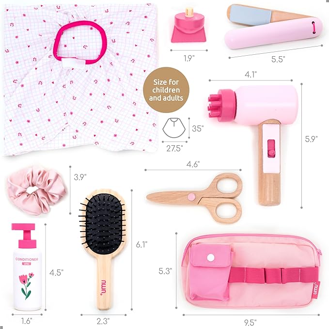 umu® Wooden Hair Salon Playset – 17 Pcs Pretend Hairdressing Toy with Hair Dryer Straightener Mirror Comb & Accessories – Little Woman Design Beauty Role Play Toy for Girls Ages 3 4 5 6