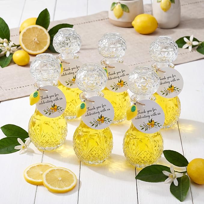 Chuangdi 16 Sets Mini Limoncello Glass Bottles Limoncello Bottles with Labels 1.7 oz Lemon Pendants Lemon Party Favors for Homemade Brewing Wedding Baby Shower Gifts(Classic)