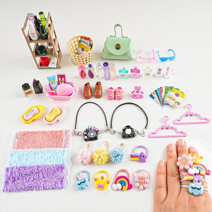 93 PCS Miniature Dollhouse Accessories Dollhouse Bathroom and Makeup Set with Towel Toothbrush Shampoo Toiletries Mini Perfume Shoes Backpack for Girl Micro Scene