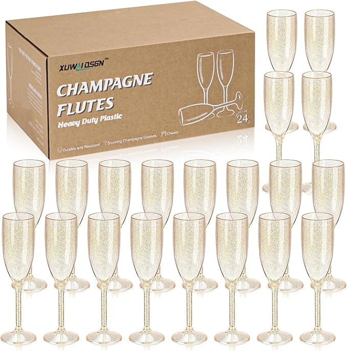 XUWAIDSGN 24 Pcs Reusable Champagne Flutes Plastic Wine Glasses Bulk Vintage Champagne Flutes Mimosa Bar Glasses Stemmed Drinking Cups 5.4OZ for Christmas Birthday Wedding Bride