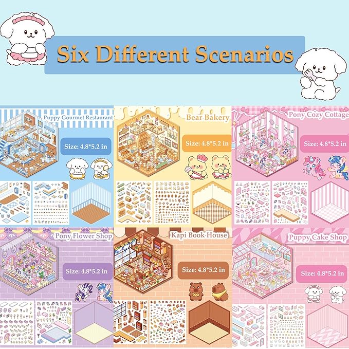 DIY 3D Sticker Scene, Stocking Stuffer, 6 Sets of Stickers for Girls Make Your Own Mini Room Scene Stickers for Kids Cute Kawaii Sticker Therapy for Adult Relief Stress, Holiday & Christmas Fun