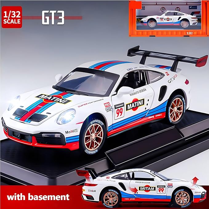 Toy Cars for 911 GT3 RS RSR Turbo S, 1:32 Alloy Diecast Model Cars,Pull Back Car Toy with Light and Sound Gift Sports Race Car for Boys Age 3+ Gifts White