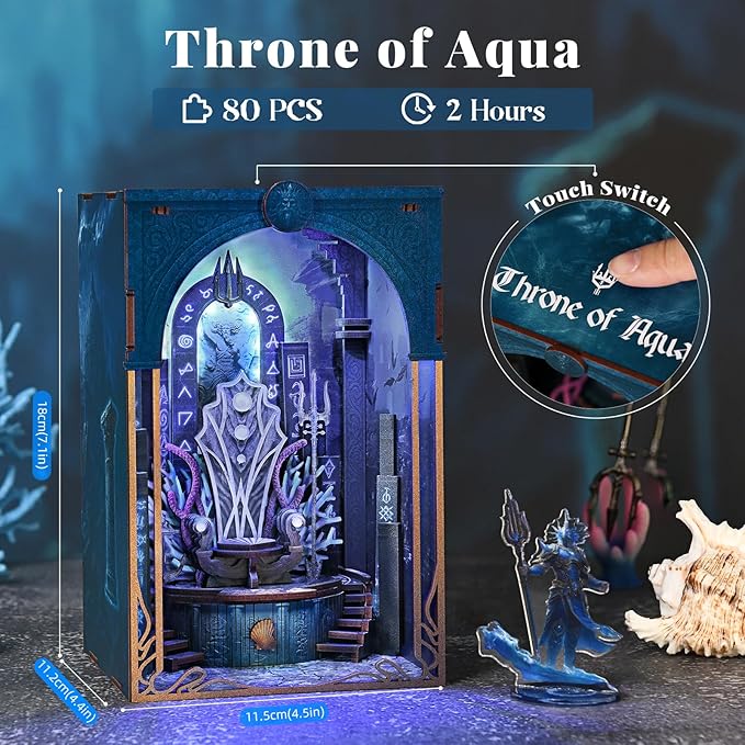 Book Nook Kit - DIY Miniature House Kit for Adults and Teens, Dollhouse Booknook Tiny House Model Build Bookshelf Decor, Gifts for Family, Friends (Throne of Aqua)