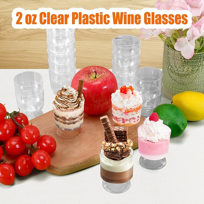 Gdotmely 80 Pack Mini Dessert Cups, 2 oz Disposable Plastic Wine Glasses, Parfait Appetizer Cups, Clear Shot Glasses for Wedding, Birthday, Party, Fruit