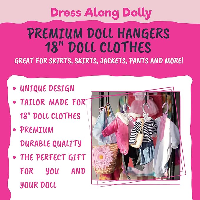 Doll Full-Outfit Clothes Hangers for 18" Dolls - 12pk - Compatible w American Girl- Unique Design Holds Your Top & Bottom at Once Including Dresses, Pants, Shirts, Skirts- Purple