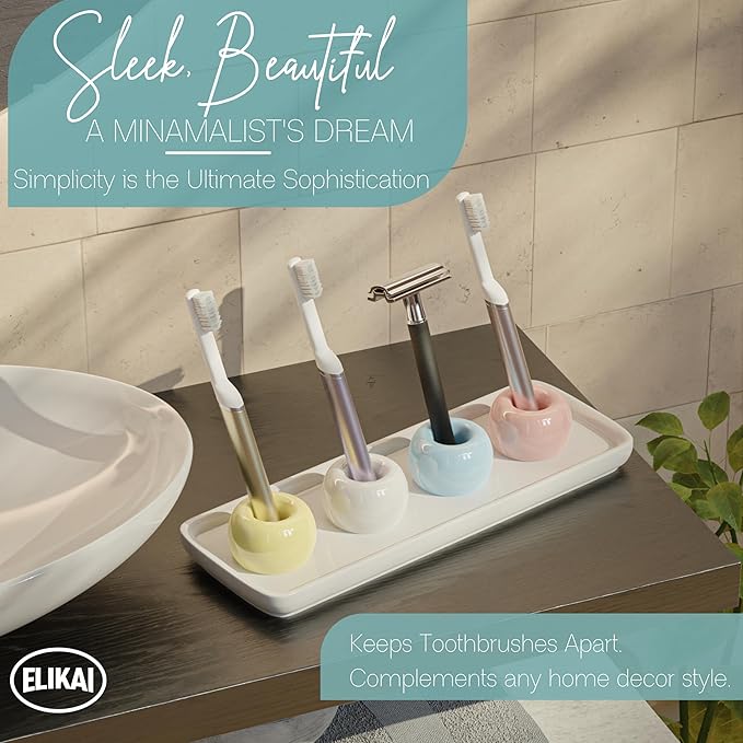 ELIKAI Ceramic Toothbrush Holder Set with Tray, Countertop Organizer for Bathroom, Storage Solution for Toothbrushes, Bathroom Accessories - Pastels – 4 Pack