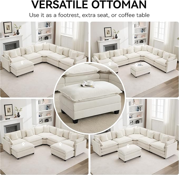 35‘’ Modern Chenille Cloud Sofa Ottoman,Rectangle Ottoman for Modular Sectional Sofa, Beige