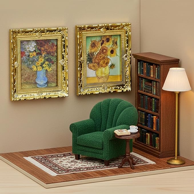 6PCS Mini Framed Art Dollhouse Wall Art Set – 1:12 Scale Miniature Framed Picture Painting, Vintage Golden Antique Gold Frames Oil Photo for Gallery Home Decor Accessory, Tiny Van Gogh Monet Artwork