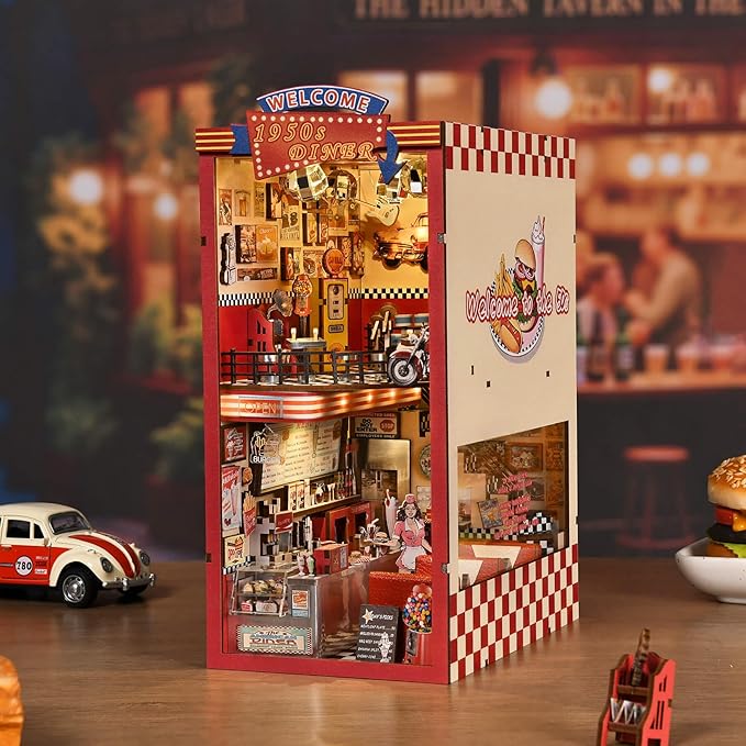 Book Nook Kit - DIY Miniature House Dollhouse Kit for Adults and Teens, Booknook Retro Diner Bookshelf Decor 3D Wooden Puzzle with LED Light, Gifts for Family and Friends (1950s Diner)