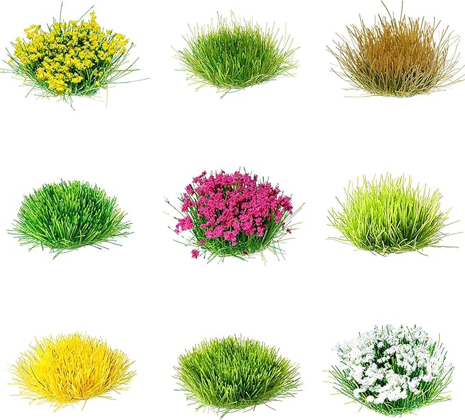 Potanro 126pcs Static Grass Tufts and Miniature Flowers Cluster for Crafts,Diorama Grass Base Supplies,Model Grass Scene Accessories for Train Railroad Scenery Sand Military Terrain Model