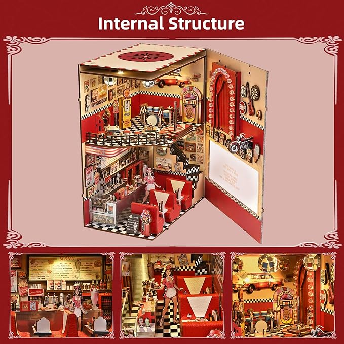 Book Nook Kit - DIY Miniature House Kit for Adults, Retro 1950s Diner Tiny House Building Kit with LED, Dollhouse Kit Bookshelf Insert Decor Gifts of Family and Friends (1950s Diner)