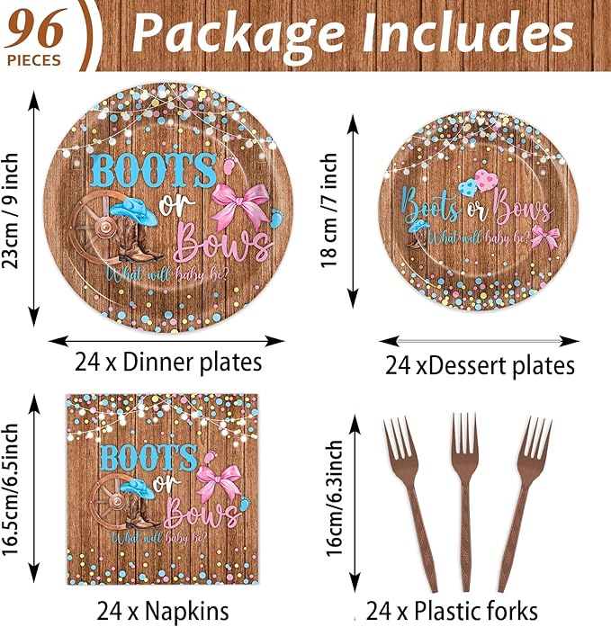 96Pcs Boots or Bows Gender Reveal Decorations Boy or Girl Paper Plates Napkins Blue or Pink Tableware Dinnerware Set Disposable Party Supplies for Baby Shower Gender Reveal Party Favors Serves 24
