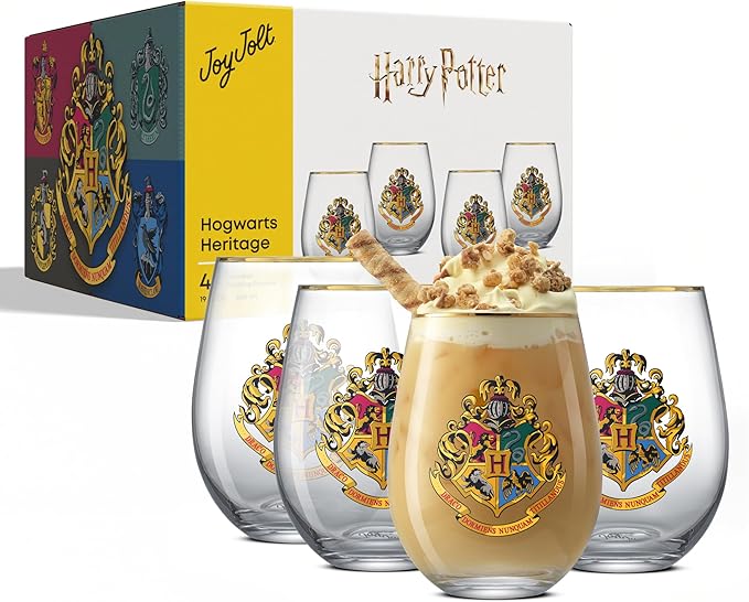 JoyJolt Harry Potter Hogwarts Heritage Stemless Drinking Glasses, 19oz Glass Tumblers, Teardrop Glass Drinking Glasses Set of 4, Hogwarts Cup, Harry Potter Gifts for Adults