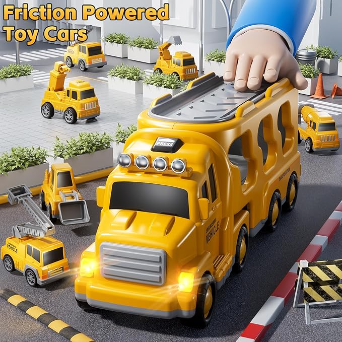 Construction Trucks Toys for 2 3 4 5 Years Old Boys - 7-in-1 Carrier Transport Vehicle Trucks for Kids 1-3 3-5, Car Toys with Light Sound, Birthdays Gifts Set for Kids Age 3-9