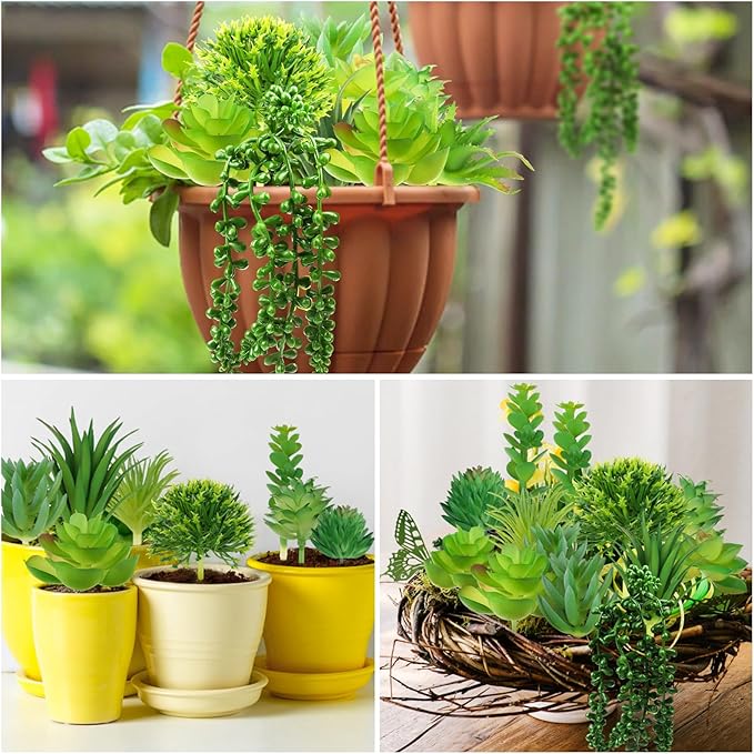 QUOZUO Succulents Plants Artificial, 14pcs Green Succulents Plant, Mini Fake Succulents for DIY Crafting Home Garden Office Party