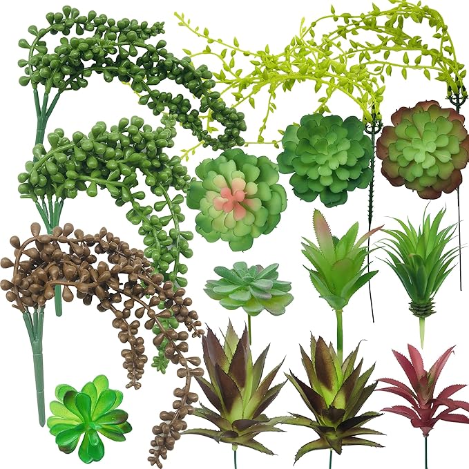 Woohome Fake Artificial Succulent Plants, 15 PCS Assorted Artificial Succulent Realistic Succulents Pick Bouquet String of Succulent Faux Succulents Floral Arrangement