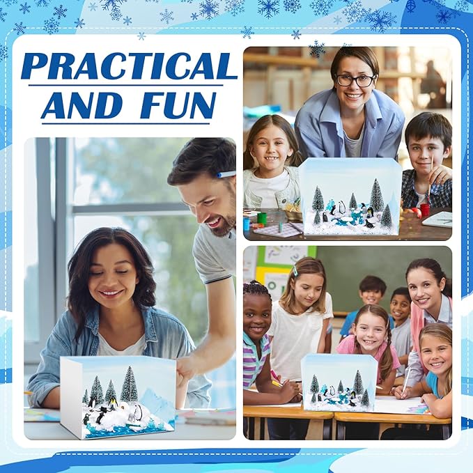 4 Set Arctic Style Habitat Diorama Box and Water Sticker Decor, Diorama Project Supplies Set, Cardboard Display Case Kit & Water Sticker with Double Sided Tapes for DIY Crafts Dollhouse