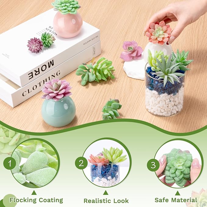 WOHSEROM 12 Pack Realistic Flocked Artificial Succulents, Faux Plastic Succulents Mini Fake Plants for Garden Craft, Cake, Party, Indoor/Outdoor Decor (Unpotted, PVC, Lifelike Details)