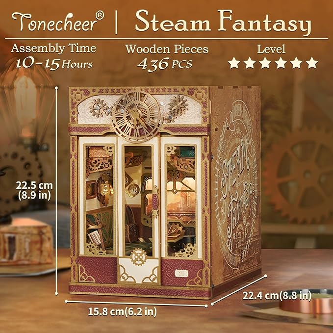 Tonecheer DIY Book Nook Kit for Adults, Miniature Infinity Train Cabin Steam Age Vintage Carriage Model, Wooden 3D Puzzle Dollhouse Booknook Decorative Bookend Gifts (Steam Fantasy)