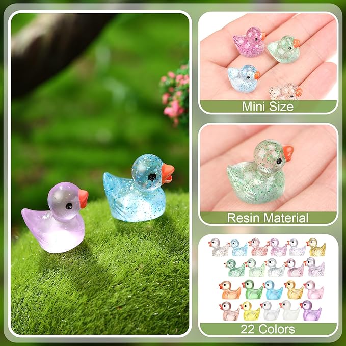 100pcs Mini Resin Ducks,40pcs Luminous Mini Ducks and 60pcs Mini Glitter Duck,Crafts Decorations for Dollhouse,Fairy House Garden,Micro Landscaping