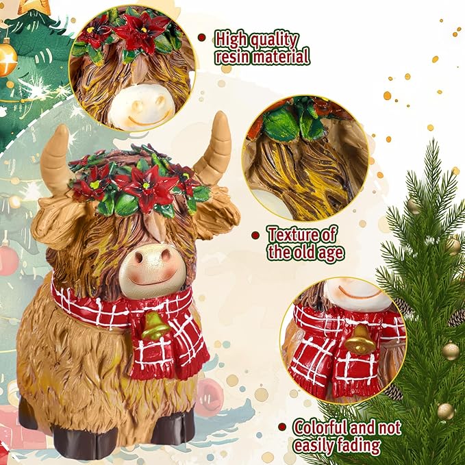 Burbell 2 Pack Christmas Highland Cow Decor Resin Highland Cow Figurine Christmas Cows Gnomes with Santa's Hat Scarf Resin Statue for Garden Table Shelf Home Decor Calf Gnome Herd Gifts