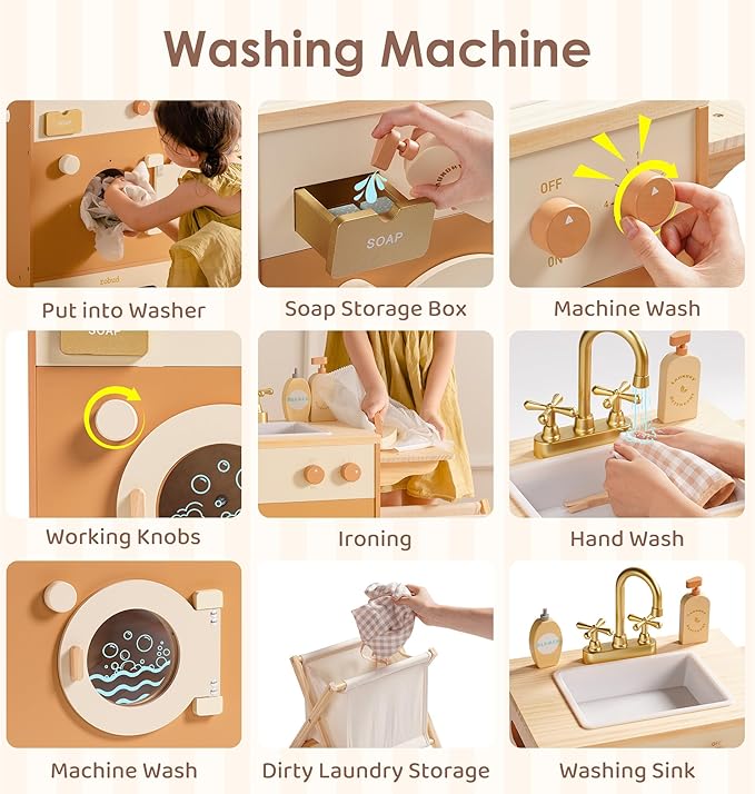 ROBOTIME Caramel Wooden Kids Play Kitchen – 4-in-1 Toddler Role Play Kitchen Set with Fridge, Washing Machine & Iron, Dishwasher – Pretend Cooking Playset for Boys & Girls Ages 3+