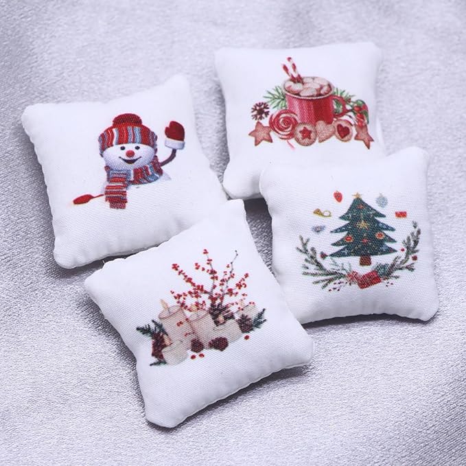 4PCS Miniature Dollhouse Christmas Pillow with Christmas Tree Snowman Cookies Candles Pattern 1/12 Miniature Sofa Throw Pillow for Dollhouse Sofa Bed Decorations