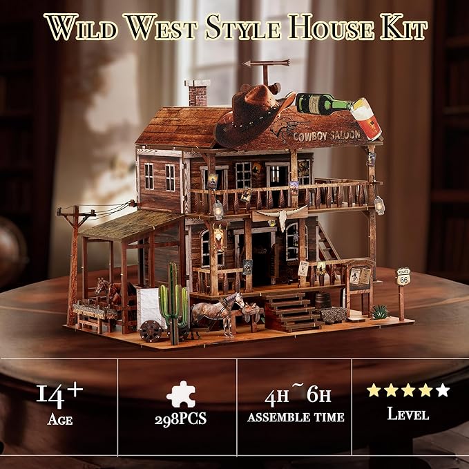 Cowboy Saloon Miniature Kit - DIY Miniature House Kit for Adults, Teens, Dollhouse Booknook Bookshelf Insert Decor with LED Light, 3D Wooden Puzzle Gifts for Family, Friends