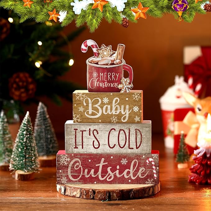 Moucuny 4 Pcs Christmas Table Decor Wooden Hot Cocoa Decoration Christmas Centerpiece Winter Tiered Tray Decor Decorative Red Hot Cocoa Block Signs Gift Farmhouse Xmas Decoration for Home Kitchen