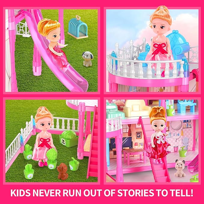 Pupu Pig Doll House Toys for Girls, Dollhouse with Glow in The Dark, Kids Doll House Playset with 4-Story 14 Play Areas, 2 Dolls, Toy Dogs, Dollhouse Accessories and Furniture, Princess Toy Gifts
