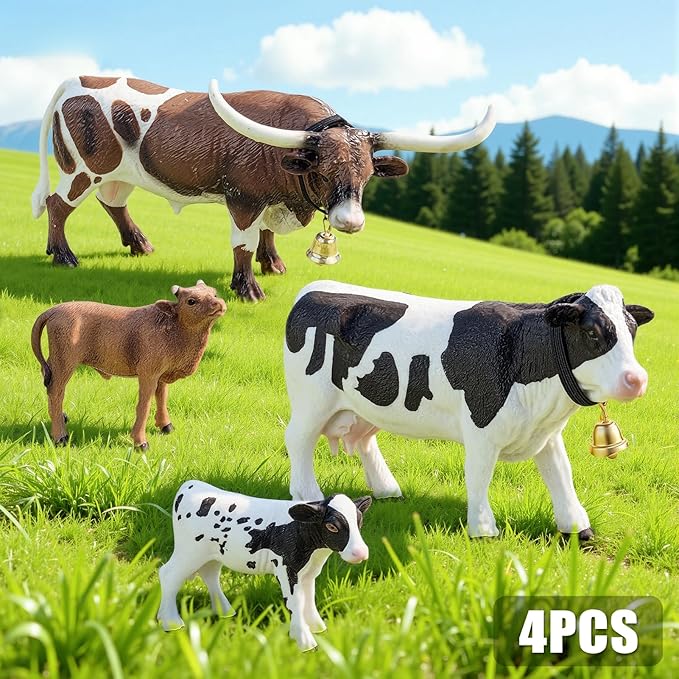 4PCS Cows Bulls Longhorn Farm Animal Figurines Toys for Kids, Plastic Cow Farm Animals Figures for Boys Girls Include White Holstein & Texas Longhorn and 2 Calfs, Cake Toppers Party Favors