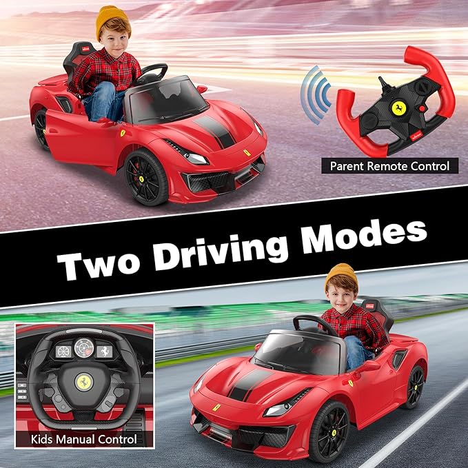 DIKEP 12V Kids Electric Ride On Car, Licensed Ferrari 488 Pista Spider Powered Ride On Toy Vehicle with Remote Control, Speaker, Openable Doors, Leather Seat, Spring Suspension, LED Lights, MP3, Red
