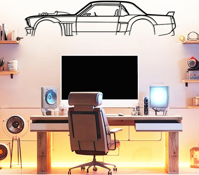 DecoSoul Mustang Metal Car Wall Art, Sports Car, Automotive Silhouette Line Decoration, Minimalist Sculpture for Garage, Indoor Outdoor Wall Hanging, Gift for Boyfriend (Black - 20 x 5.5” inch)