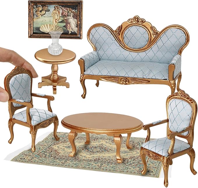 iLAND Victorian Dollhouse Furniture Set, Doll House Furniture and Accessories, Miniature Dollhouse Sofa with 1/12 Scale Accessories 8pcs, Mothers Gift, Wife Gift, Bookshelf Décor (Gold & Blue)
