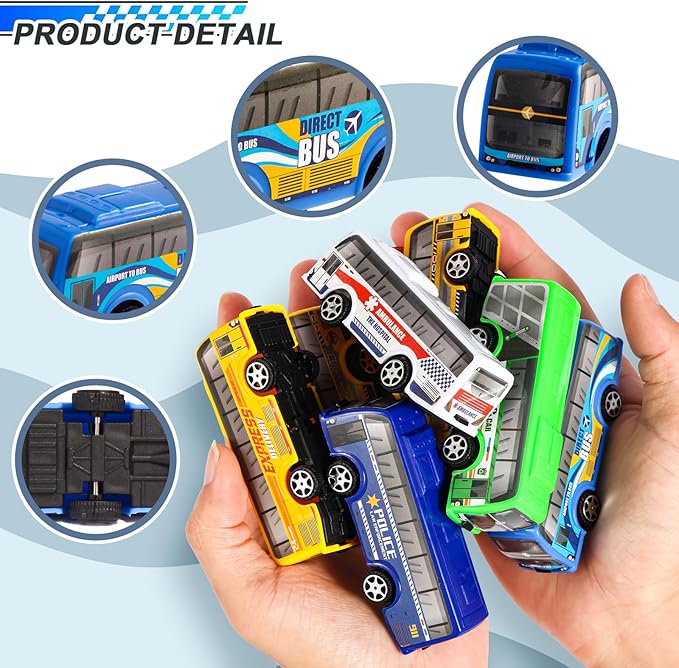 16 Pcs Pull Back City Bus Vehicles Toys Set, Mini Pull Back Cars for Kids Toddlers, Friction Powered Racing Vehicles Bulk Toys, Party Favors Goodie Bags Stuffers Pinata Fillers for Boys Girls