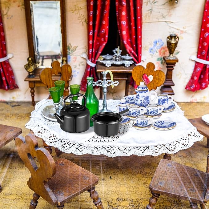 Zhanmai 47 Miniatures Dollhouse Kitchen Accessories Miniature Porcelain Tea Cup Set, Metal Pots and Pans Include 16 Mini Doll Plates Knife Fork Spoon, 6 Egg Beater Utensil, 10 Stovetop Cookware