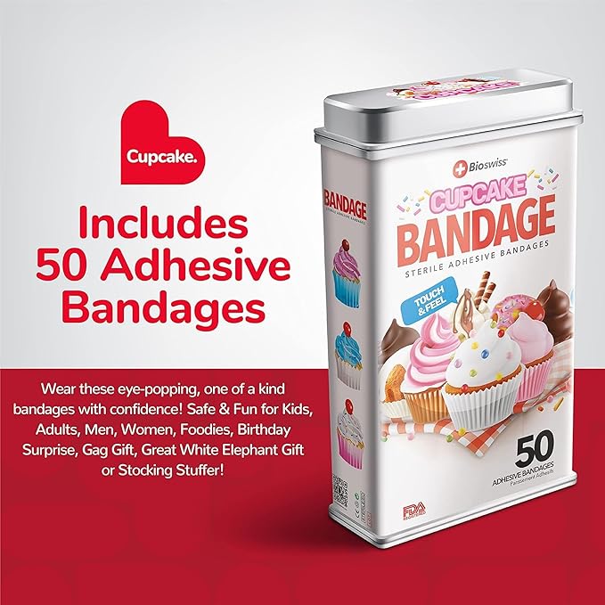BioSwiss Bandages, Cupcake Shaped Self Adhesive Bandage Set, Latex Free, Sterile Wound Care, 50 Count