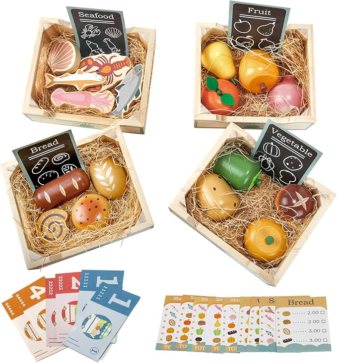 Food Groups, 36PCS Wooden Play Food Sets Play Kitchen Accessories, Grocery Store Pretend Play Realistic Toy Foods & 4 Crates & 6 Play Money & 9 Shopping Lists Pretend Food for Toddlers 1-3