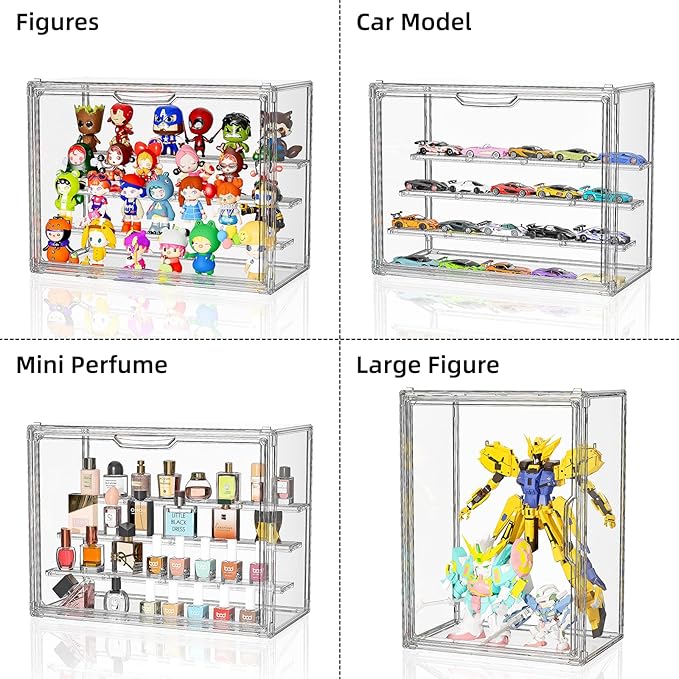 Clear Acrylic Display Case for Collectibles 4 Layer Hobby Figure Display Case Box with Shelves Stackable Figurine Display Shelf for Funko Pop, Pop Mart, Labubu, Model, 4 Pack